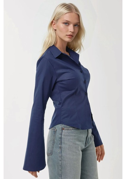 Kadın Dar Kesim Uzun Kollu Gömlek Lacivert
