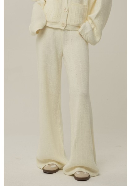 Kadın Dokulu Wide Leg Triko Pantolon Fildişi Doğal