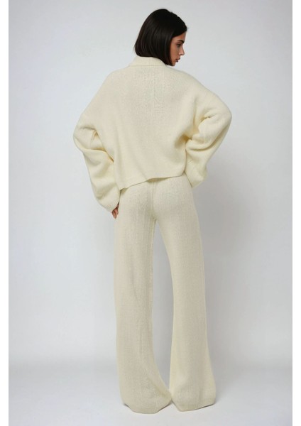 Kadın Dokulu Wide Leg Triko Pantolon Fildişi Doğal modelleri