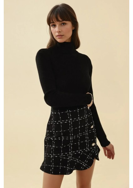 Kadın Düğme Detaylı Tüvit Volanlı Mini Etek Black