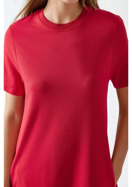 Kadın Yuvarlak Yaka Kısa Kollu Basic Midi Elbise Busem Collection Kırmızı indirimleri