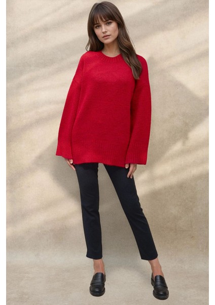 Kadın Kalın Örgü Düz Yaka Kazak Kırmızı