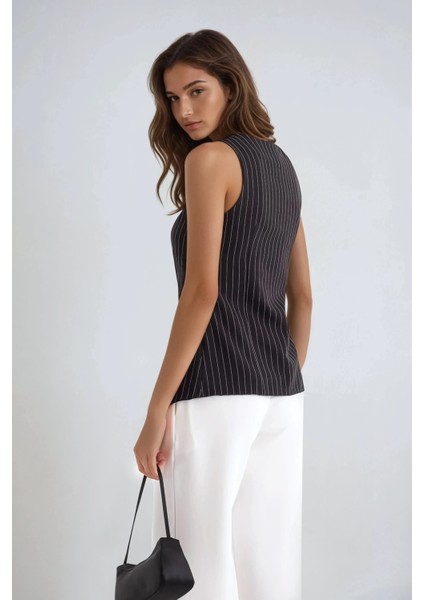 Kadın Çizgili Bisiklet Yaka Yelek Black fiyatları