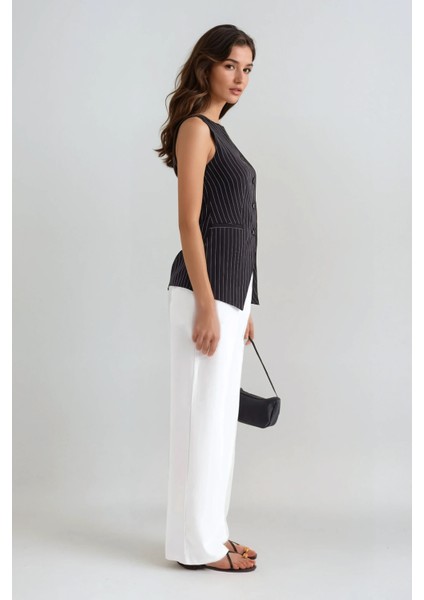 Kadın Çizgili Bisiklet Yaka Yelek Black fırsatları