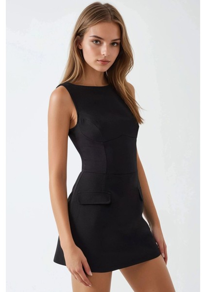 Kadın İçi Şortlu Cep Kapaklı Dar Mini Elbise Siyah fiyatları