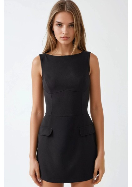 Kadın İçi Şortlu Cep Kapaklı Dar Mini Elbise Siyah indirimleri