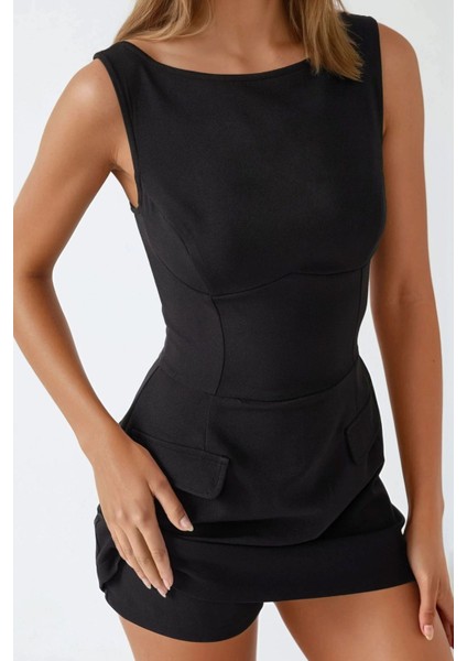 Kadın İçi Şortlu Cep Kapaklı Dar Mini Elbise Siyah