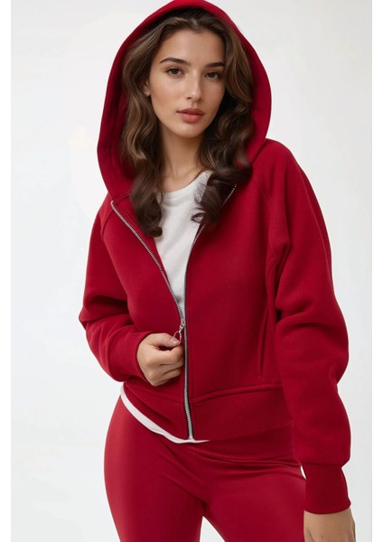 Kadın Rahat Kesim Kapüşonlu Fermuarlı Hoodie Kırmızı