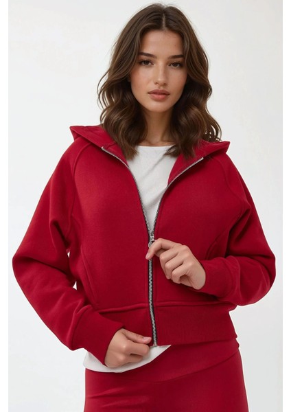 Kadın Rahat Kesim Kapüşonlu Fermuarlı Hoodie Kırmızı modelleri