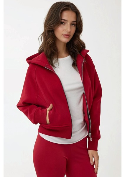 Kadın Rahat Kesim Kapüşonlu Fermuarlı Hoodie Kırmızı fırsatları