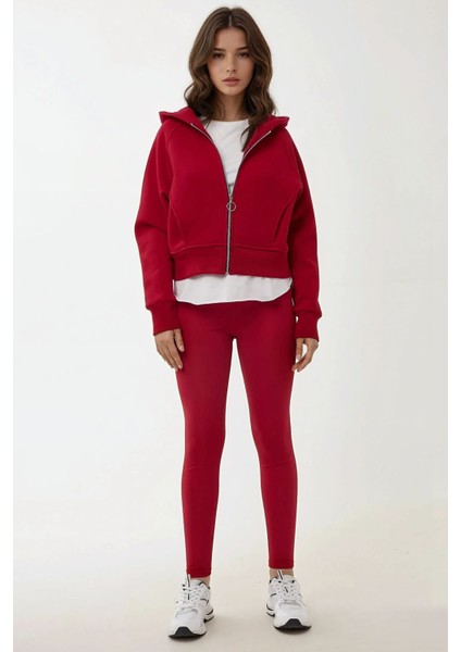 Kadın Rahat Kesim Kapüşonlu Fermuarlı Hoodie Kırmızı indirimleri