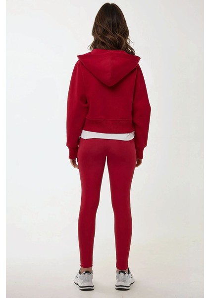 Kadın Rahat Kesim Kapüşonlu Fermuarlı Hoodie Kırmızı