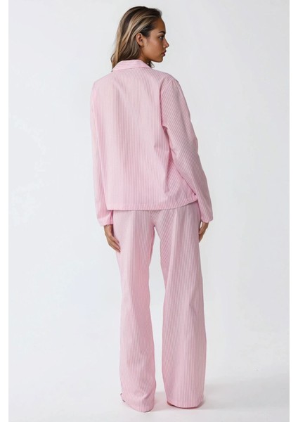 Kadın Çizgili Pamuklu Pijama Takımı Pembe modelleri