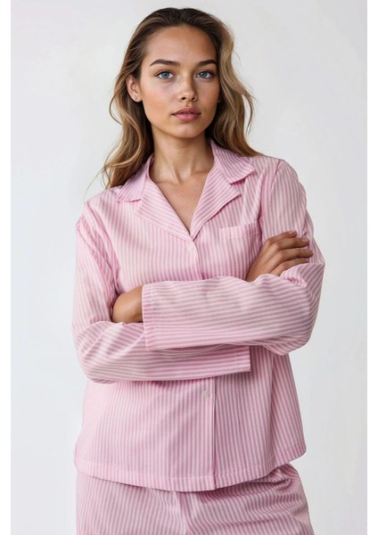 Kadın Çizgili Pamuklu Pijama Takımı Pembe indirimleri