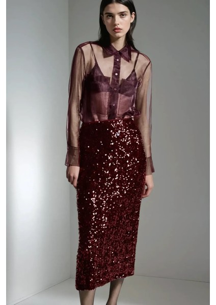 Kadın Yırtmaçlı Payetli Midi Etek Red