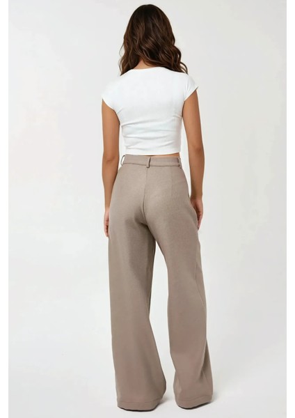 Kadın Yüksek Bel Pileli Wide Leg Pantolon Natural