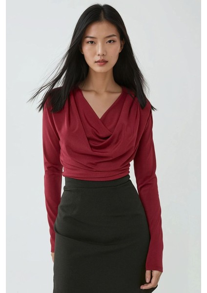 Kadın Degaje Yaka Omzu Vatkalı Bluz Red