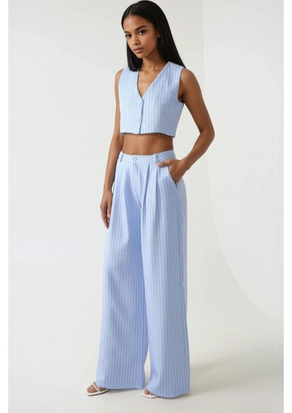 Kadın Pika Collection Fitted Striped Crop Yelek Bebek Mavisi fırsatları