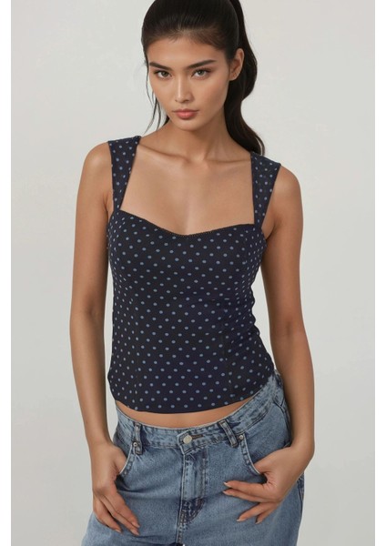 Kadın Kalp Yaka Arkası Gipeli Askılı Tül Bluz Lacivert