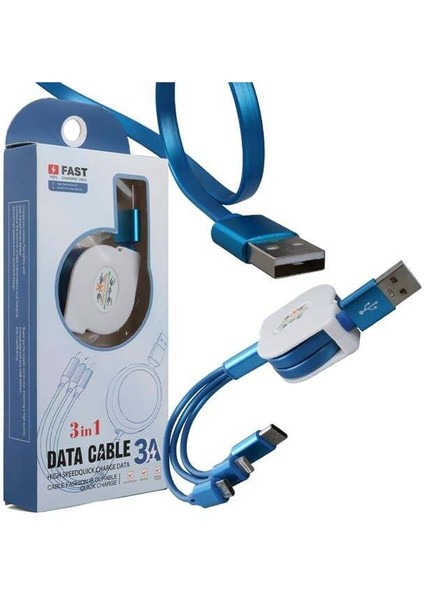 Powermaster PM-26347 3 In 1 Mavi Şarj Kablosu