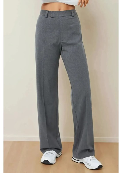Kadın Beli Cırtcırtlı Dokuma Pantolon Gri