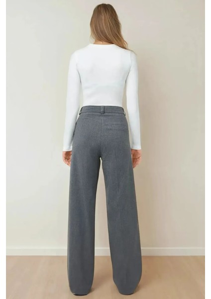 Kadın Beli Cırtcırtlı Dokuma Pantolon Gri modelleri