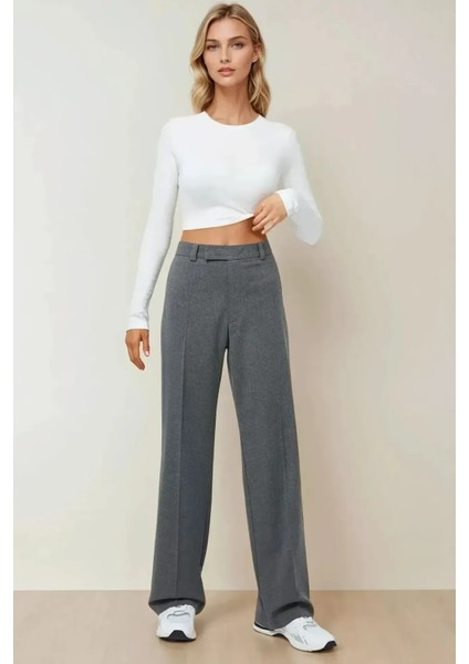 Kadın Beli Cırtcırtlı Dokuma Pantolon Gri indirimleri