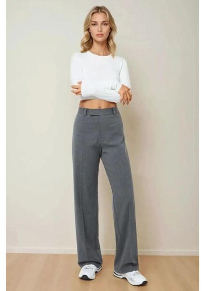 Kadın Beli Cırtcırtlı Dokuma Pantolon Gri