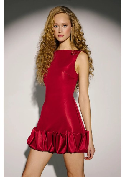 Kadın Balon Etek Sırtı Açık Bodycon Mini Elbise Tuğla Kırmızısı modelleri