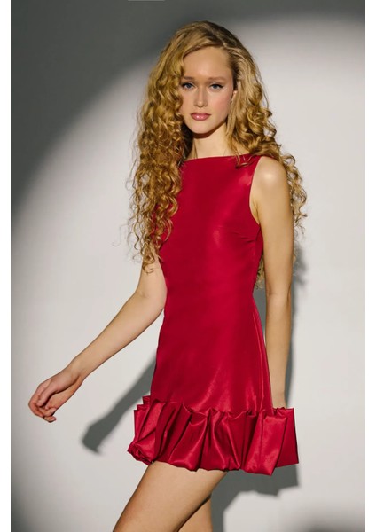 Kadın Balon Etek Sırtı Açık Bodycon Mini Elbise Tuğla Kırmızısı fırsatları