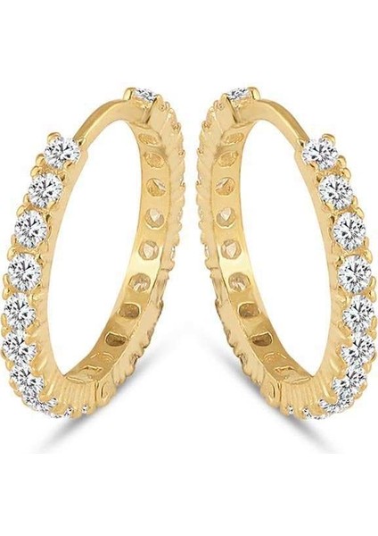 Halka Gümüş Küpe Zirkon Taşlı Gold Orta