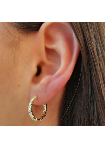 Halka Gümüş Küpe Zirkon Taşlı Gold Orta fiyatları