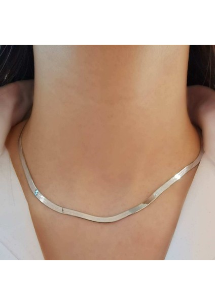 Italyan Yassı Zincir Gümüş Rodyum 40CM