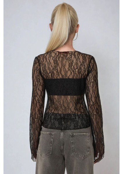 Kadın Bisiklet Yaka Dantel Bluz Black fırsatları