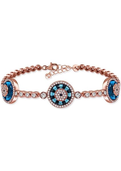 Üçlü Cam Göz Zirkon Taşlı Su Yolu Bileklik Rose