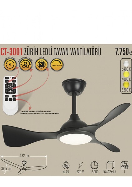 ekim aydınlatma CATA CT3001 Ledli ve Sessiz Tavan Vantilatörü SİYAH