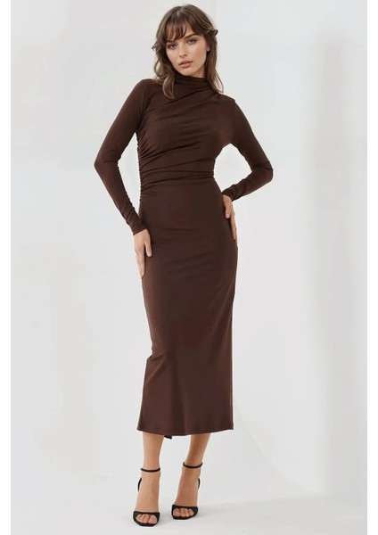 Kadın Drape Detaylı Midi Elbise Kahverengi
