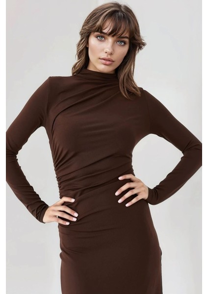 Kadın Drape Detaylı Midi Elbise Kahverengi modelleri