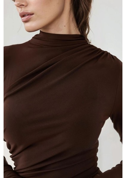 Kadın Drape Detaylı Midi Elbise Kahverengi indirimleri