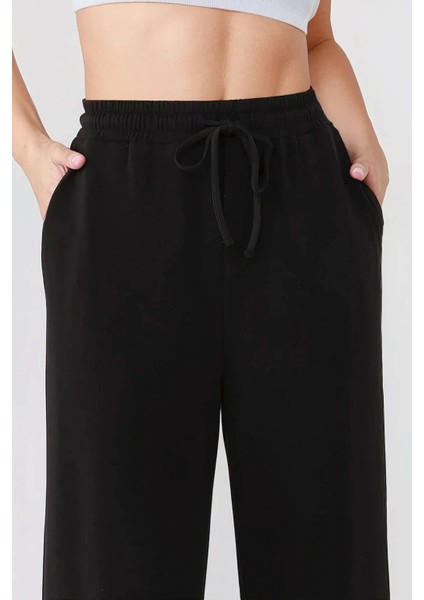 Kadın Wide Leg Beli Lastikli Örme Eşofman Altı Siyah fiyatları