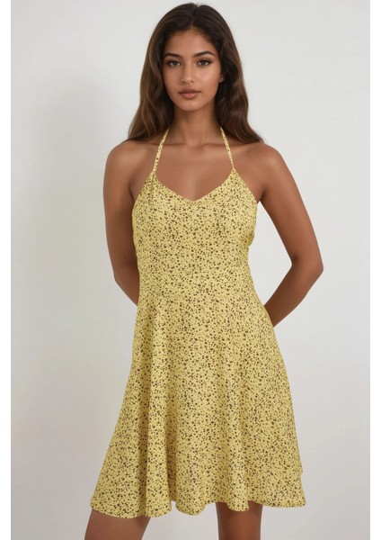 Kadın Çiçek Desenli Mini Elbise Limon Sarısı