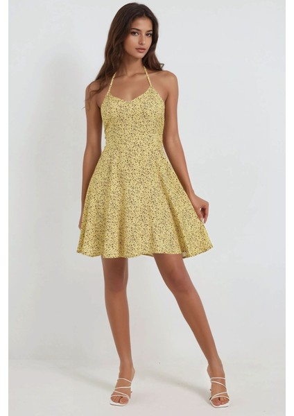 Kadın Çiçek Desenli Mini Elbise Limon Sarısı fiyatları