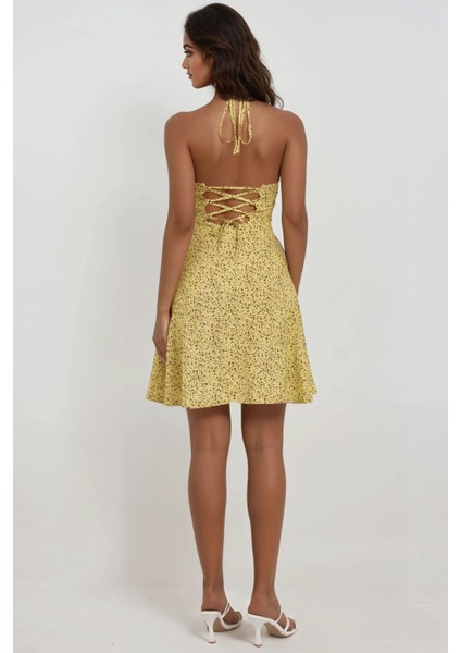 Kadın Çiçek Desenli Mini Elbise Limon Sarısı fırsatları