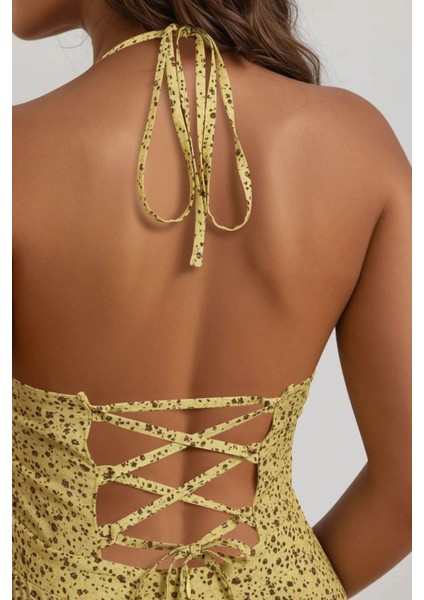 Kadın Çiçek Desenli Mini Elbise Limon Sarısı indirimleri