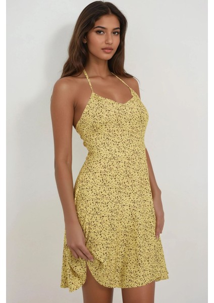 Kadın Çiçek Desenli Mini Elbise Limon Sarısı