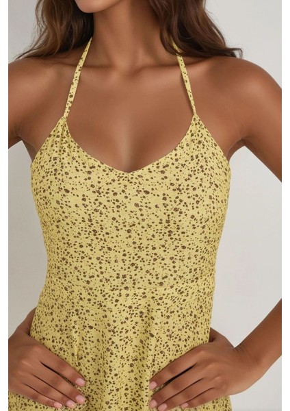 Kadın Çiçek Desenli Mini Elbise Limon Sarısı