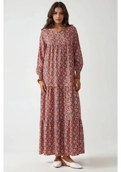 Kadın Desenli Yuvarlak Yaka Viskon Modest Elbise Red fırsatları