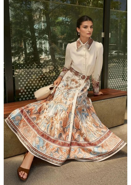 Kadın Baskılı Uzun Kol Kemerli Modest Elbise White