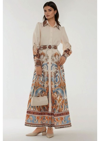 Kadın Baskılı Uzun Kol Kemerli Modest Elbise White fiyatları