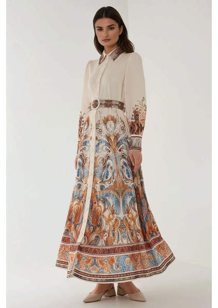 Kadın Baskılı Uzun Kol Kemerli Modest Elbise White modelleri